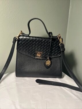 Dune London Top Handle Crossbody Bag Black Vegan Leather Brass Accents